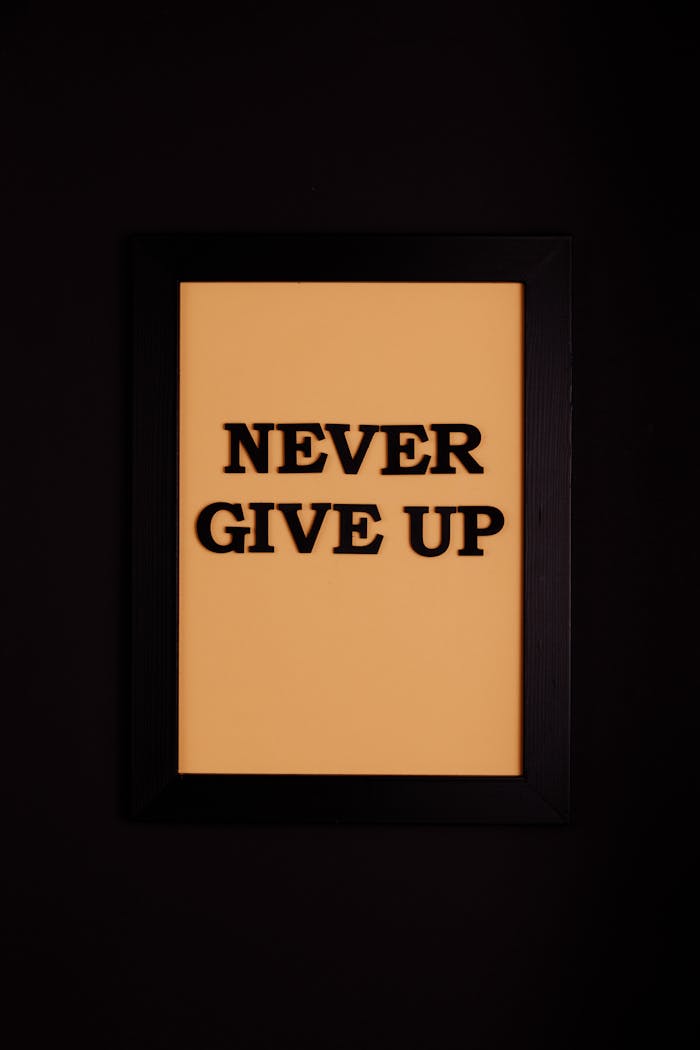 A framed motivational quote 'Never Give Up' against a black background.